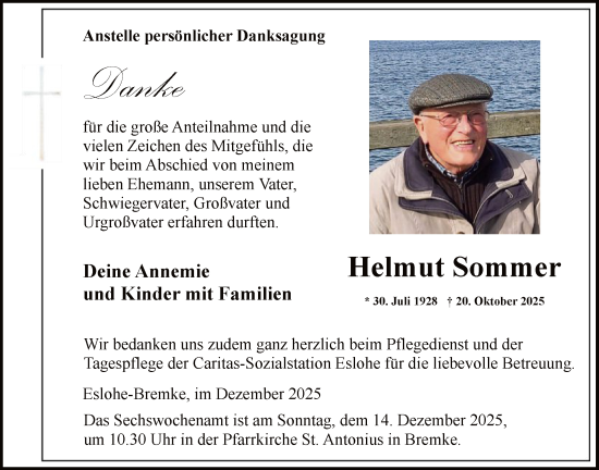 Traueranzeige von Helmut Sommer von HASK