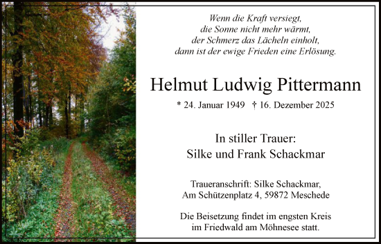 Traueranzeige von Helmut Ludwig Pittermann von HASK