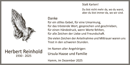 Traueranzeige von Herbert Reinhold von HAWA