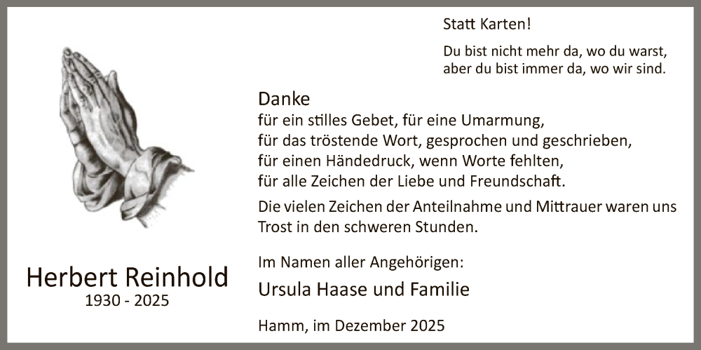  Traueranzeige für Herbert Reinhold vom 20.12.2025 aus HAWA