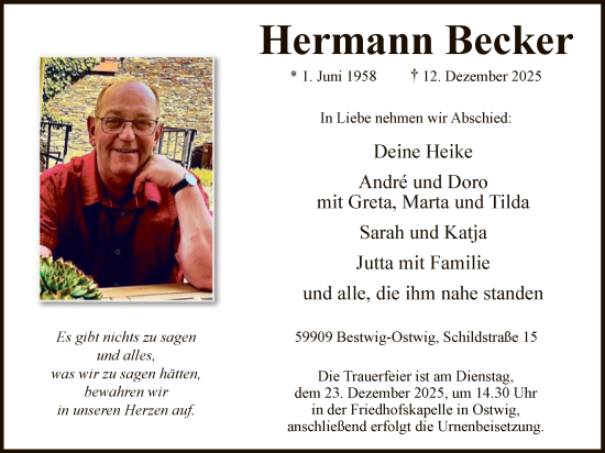 Traueranzeige von Hermann Becker von HASK