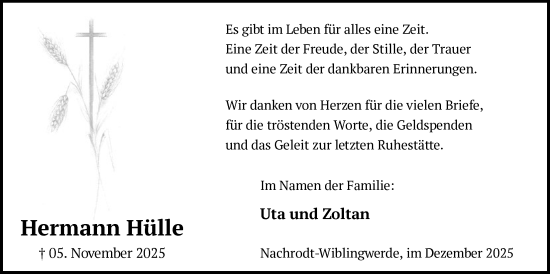 Traueranzeige von Hermann Hülle von HALN