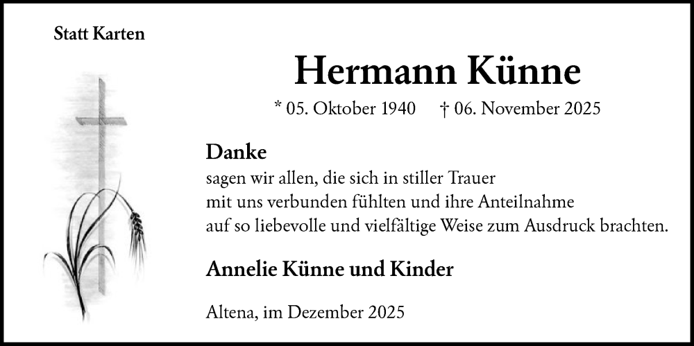  Traueranzeige für Hermann Künne vom 06.12.2025 aus HALN