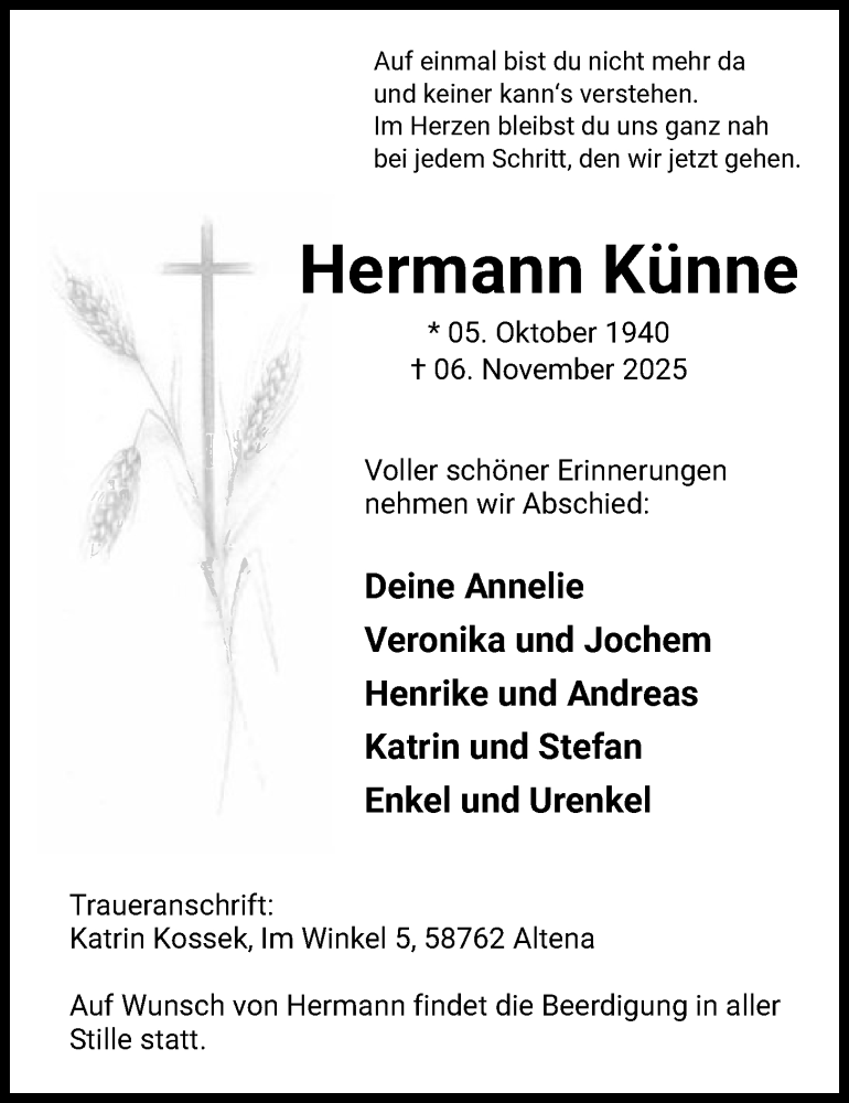  Traueranzeige für Hermann Künne vom 11.11.2025 aus HALN