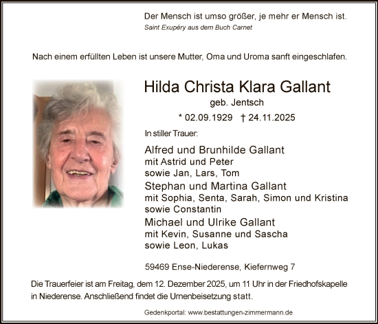 Traueranzeige von Hilda Christa Klara Gallant von HASO