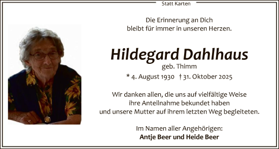 Traueranzeige von Hildegard Dahlhaus von HALN