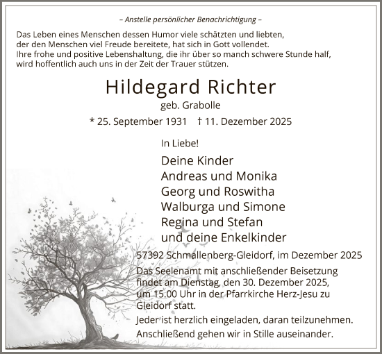 Traueranzeige von Hildegard Richter von HASK