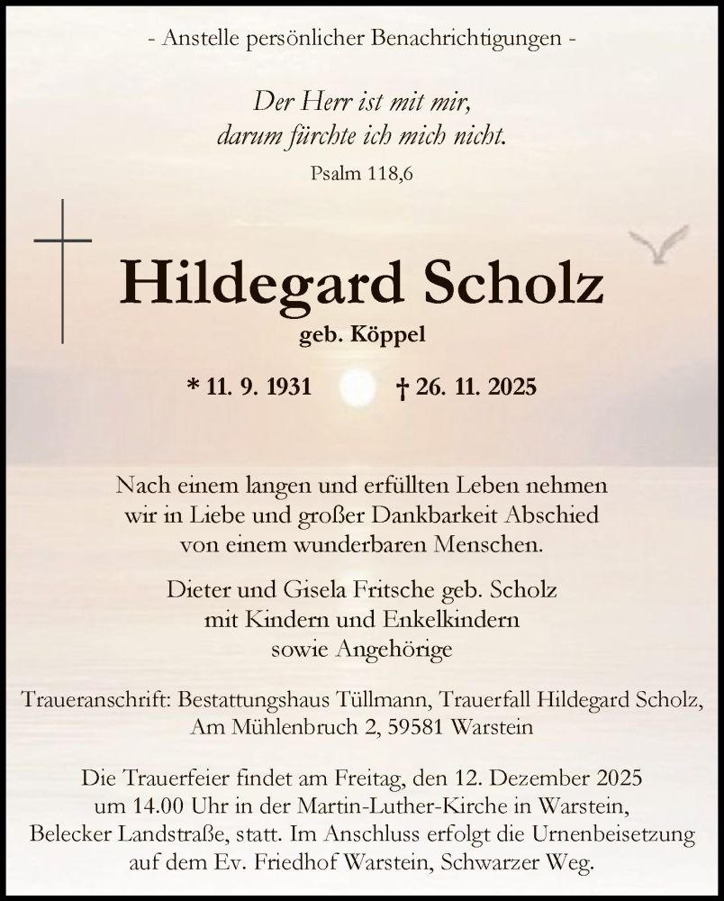  Traueranzeige für Hildegard Scholz vom 06.12.2025 aus HASO