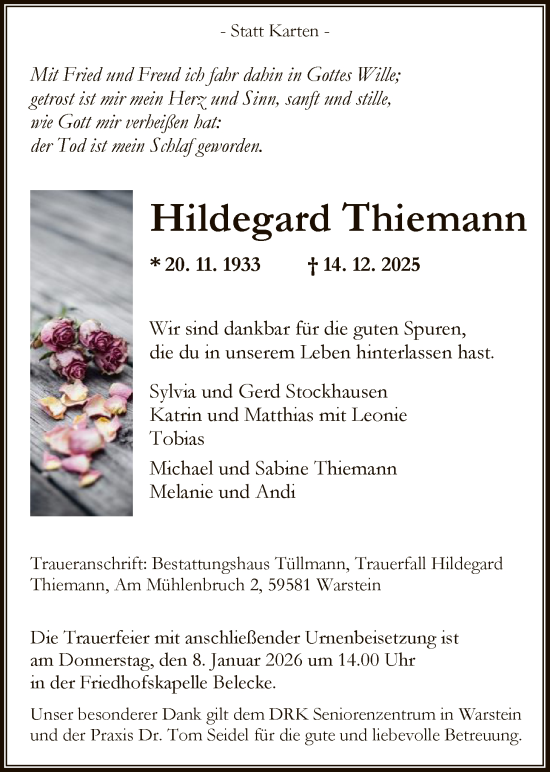 Traueranzeige von Hildegard Thiemann von HASO