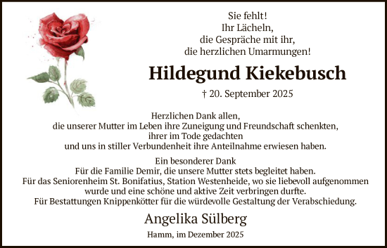 Traueranzeige von Hildegund Kiekebusch von HAWA