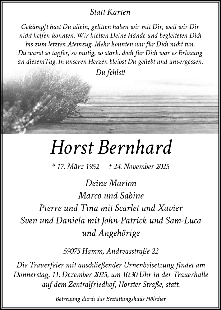  Traueranzeige für Horst Bernhard vom 06.12.2025 aus HAWA