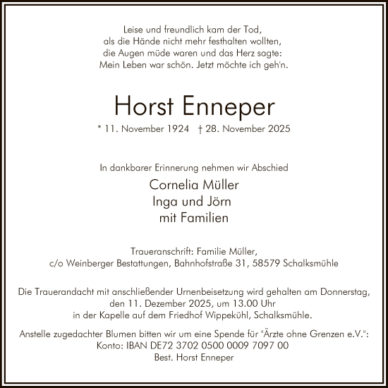 Traueranzeige von Horst Enneper von HALN