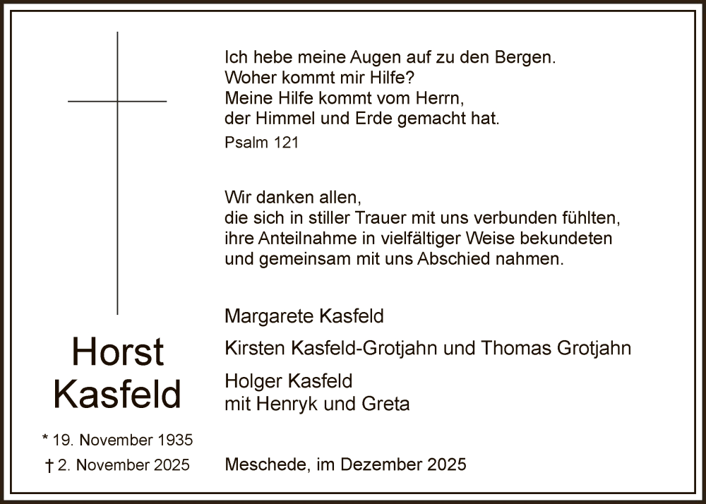  Traueranzeige für Horst Kasfeld vom 13.12.2025 aus HASK
