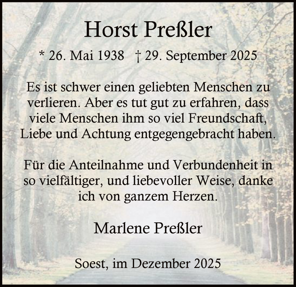  Traueranzeige für Horst Preßler vom 06.12.2025 aus HASO