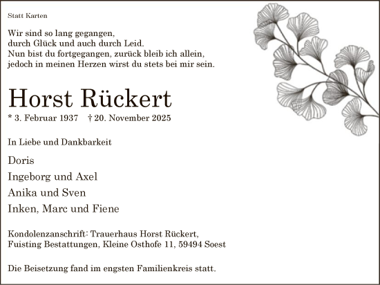 Traueranzeige von Horst Rückert von HASO
