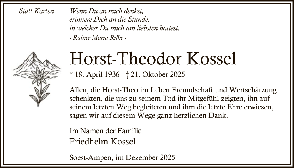  Traueranzeige für Horst-Theodor Kossel vom 06.12.2025 aus HASO