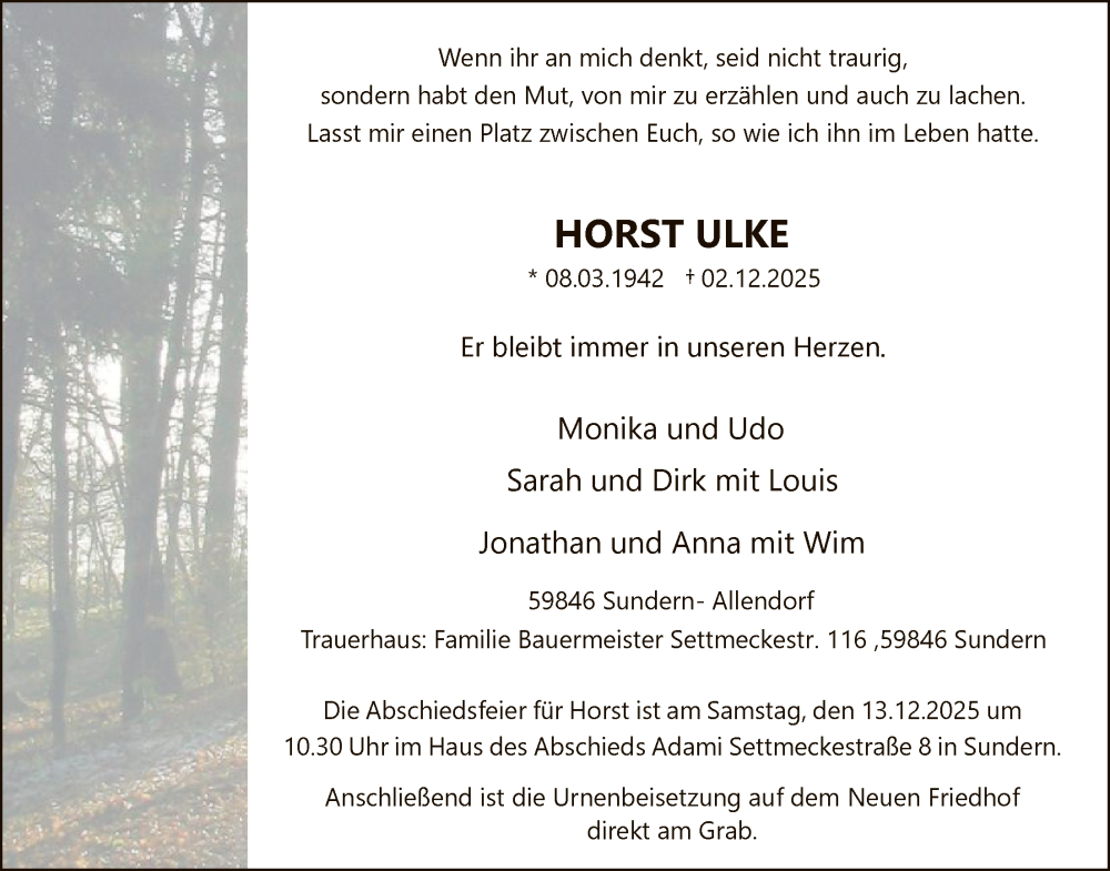  Traueranzeige für Horst Ulke vom 06.12.2025 aus HASK