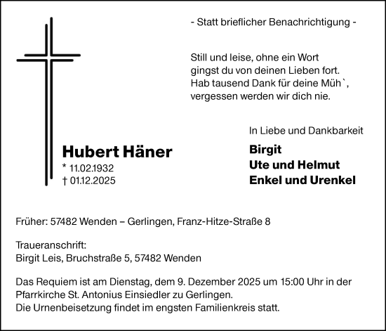 Traueranzeige von Hubert Häner von HASK