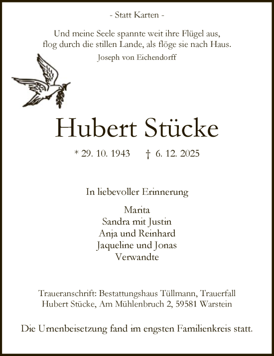 Traueranzeige von Hubert Stücke von HASO