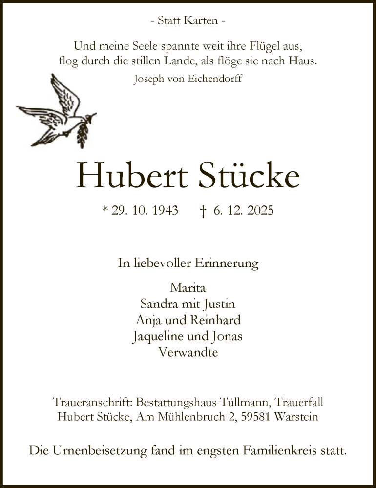  Traueranzeige für Hubert Stücke vom 17.12.2025 aus HASO