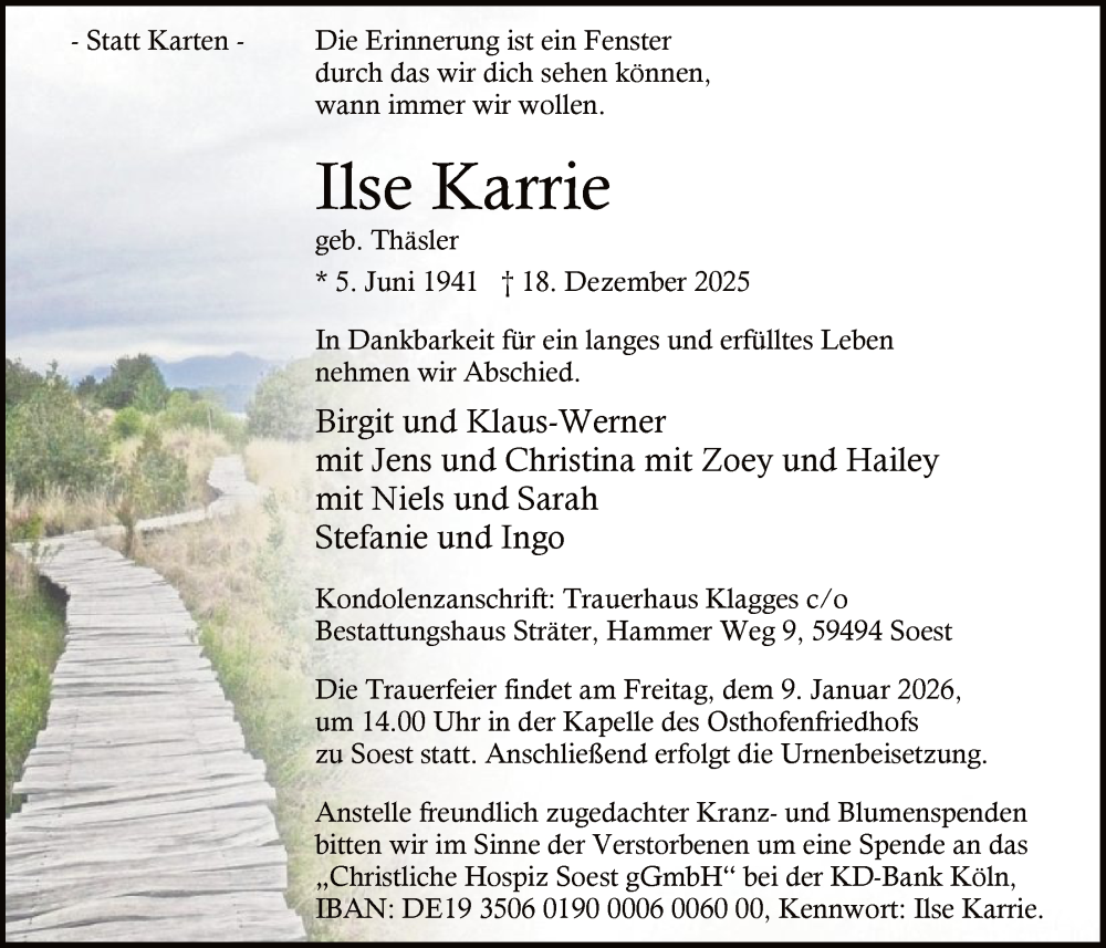  Traueranzeige für Ilse Karrie vom 27.12.2025 aus HASO