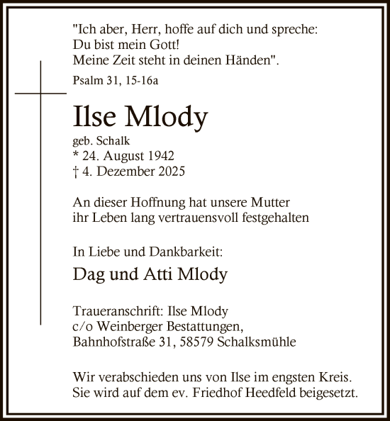 Traueranzeige von Ilse Mlody von HALN