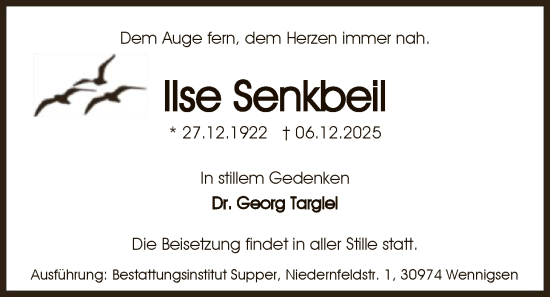 Traueranzeige von Ilse Senkbeil von HAWA