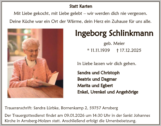 Traueranzeige von Ingeborg Schlinkmann von HASK