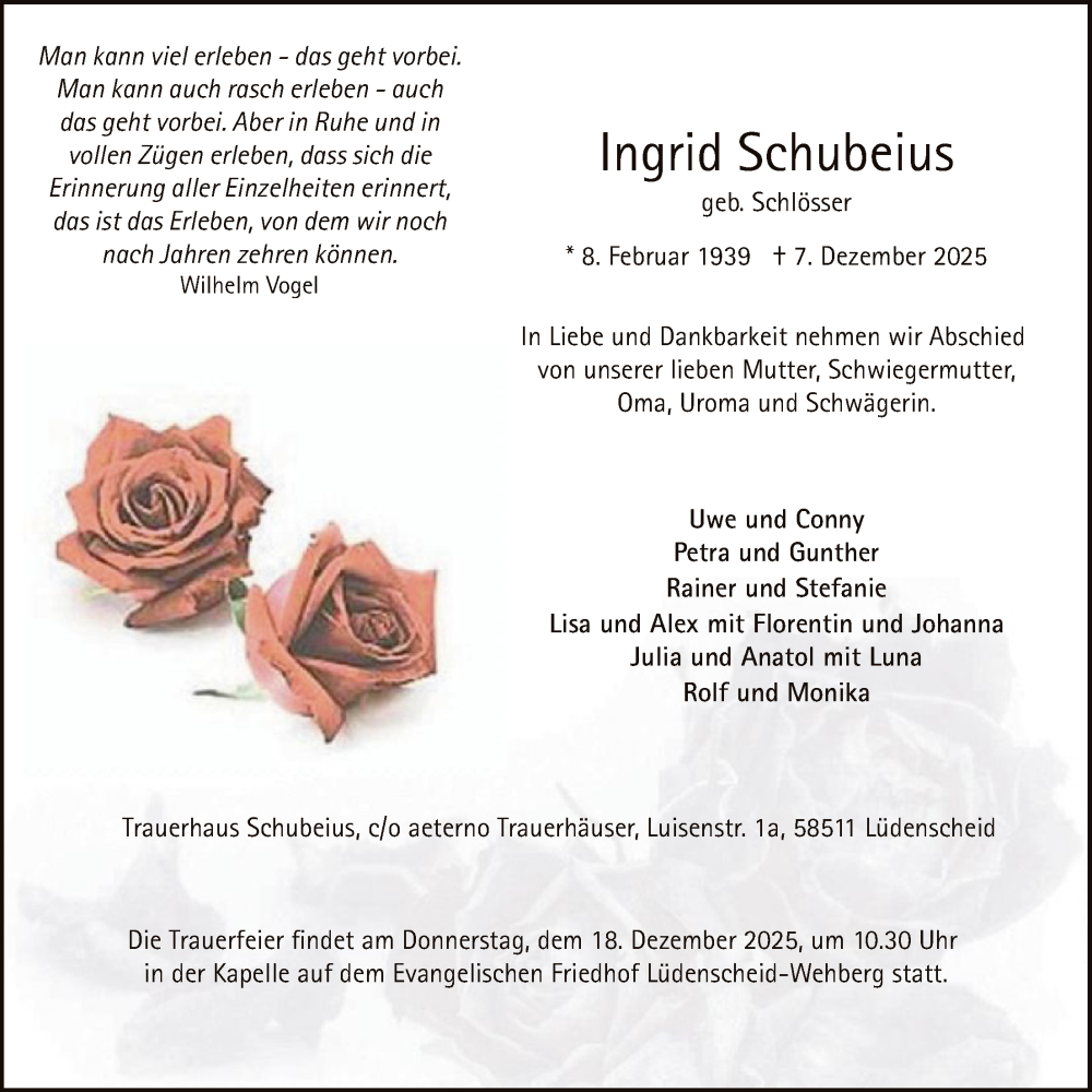  Traueranzeige für Ingrid Schubeius vom 13.12.2025 aus HALN