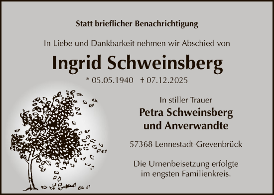 Traueranzeige von Ingrid Schweinsberg von HASK