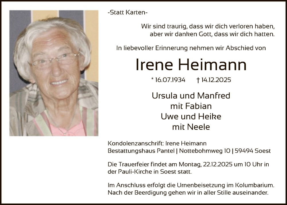  Traueranzeige für Irene Heimann vom 20.12.2025 aus HASO