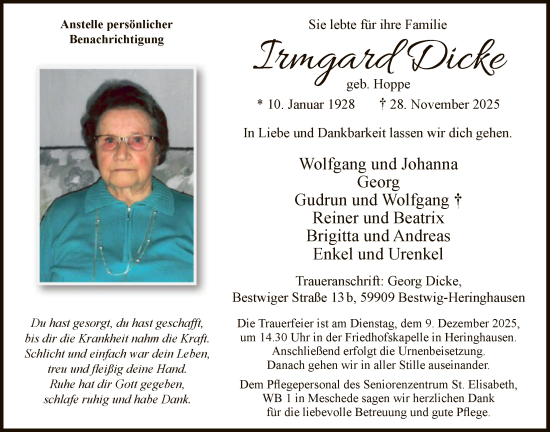 Traueranzeige von Irmgard Dicke von HASK