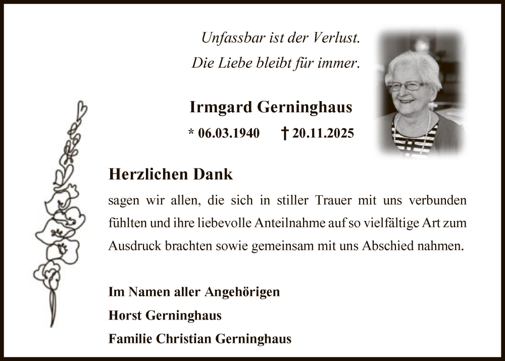  Traueranzeige für Irmgard Gerninghaus vom 27.12.2025 aus HALN