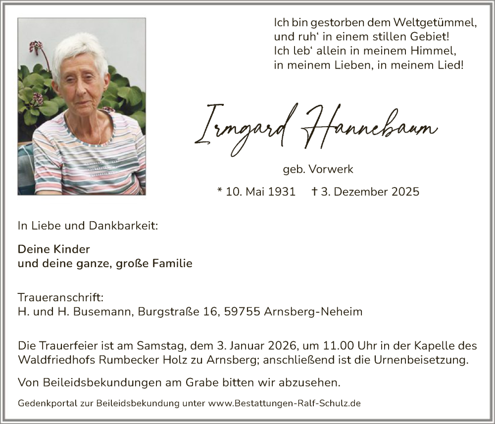  Traueranzeige für Irmgard Hannebaum vom 27.12.2025 aus HASK