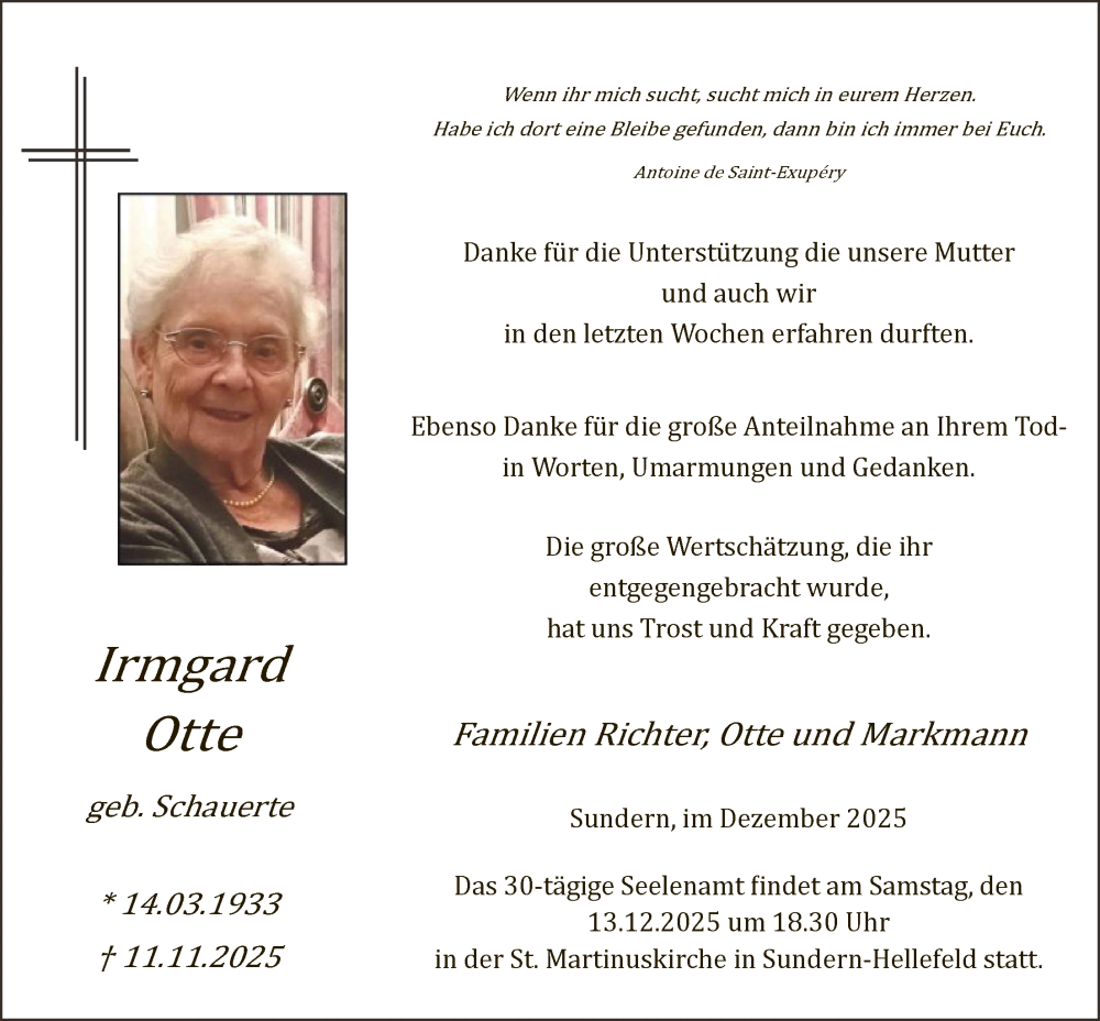  Traueranzeige für Irmgard Otte vom 06.12.2025 aus HASK