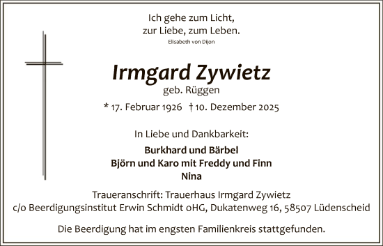 Traueranzeige von Irmgard Zywietz von HALN