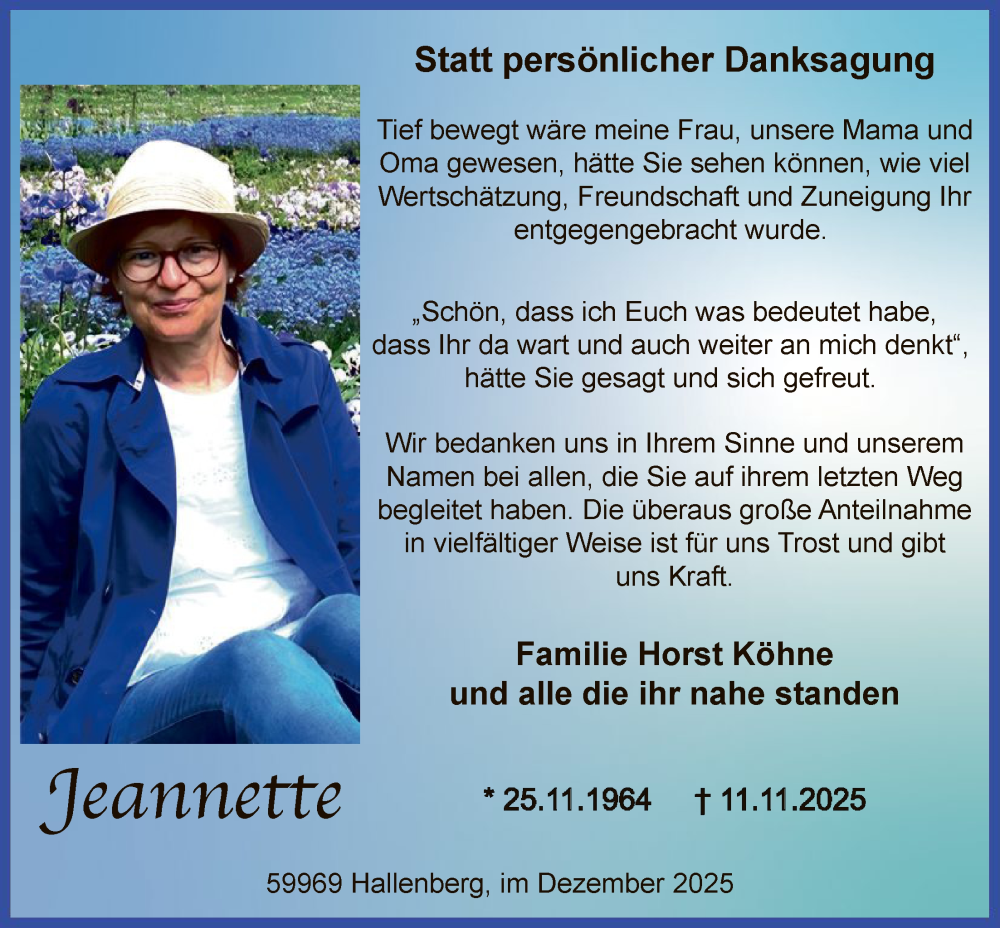  Traueranzeige für Jeannette Köhne vom 20.12.2025 aus HASK