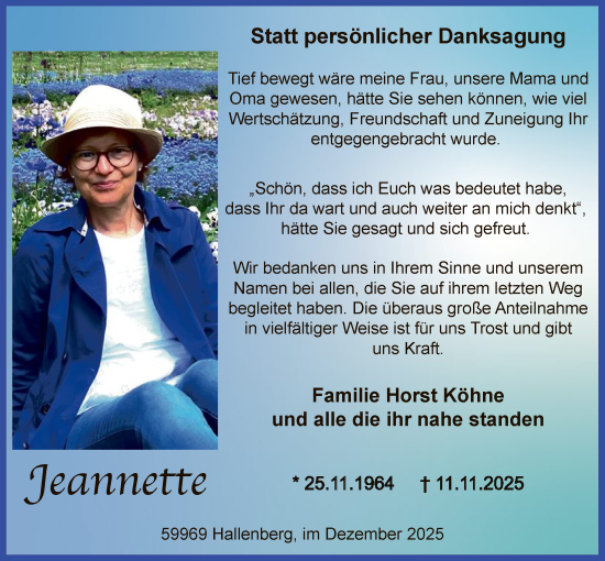 Traueranzeige von Jeannette Köhne von HASK