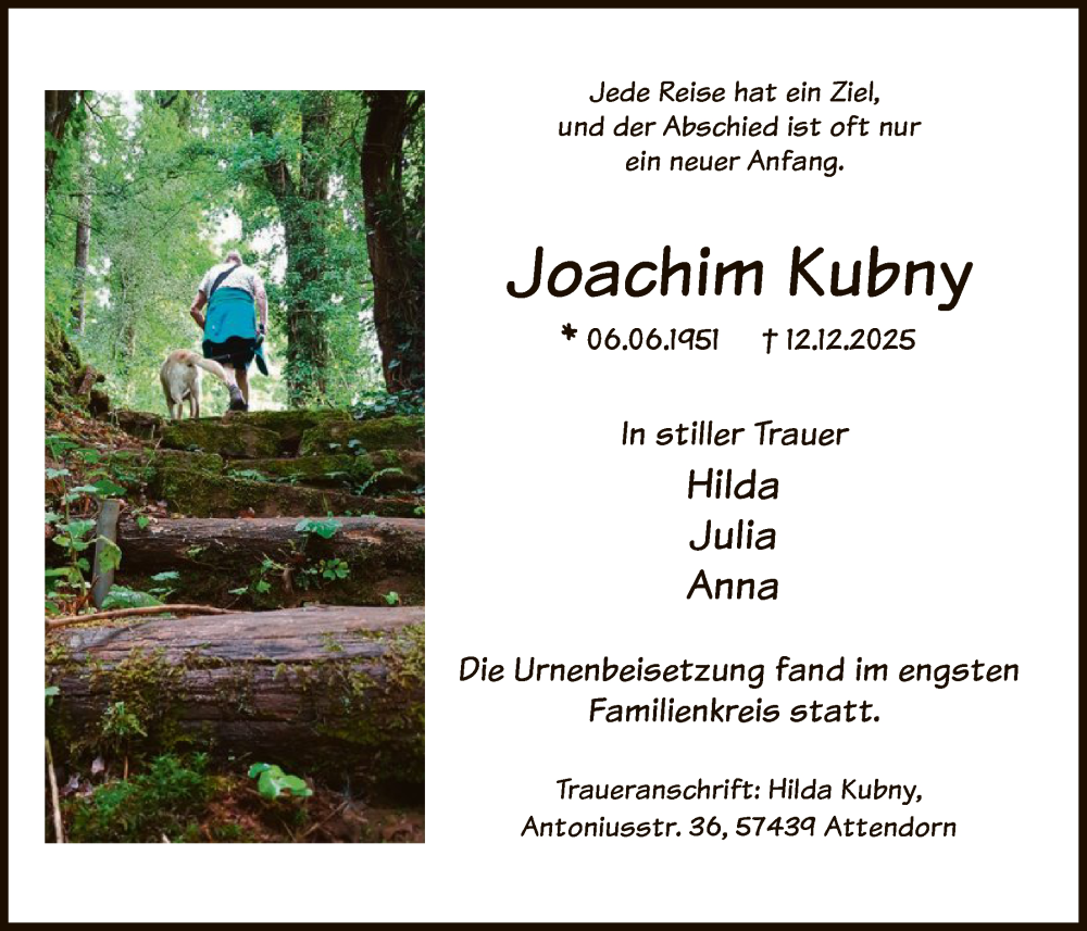  Traueranzeige für Joachim Kubny vom 20.12.2025 aus HASK