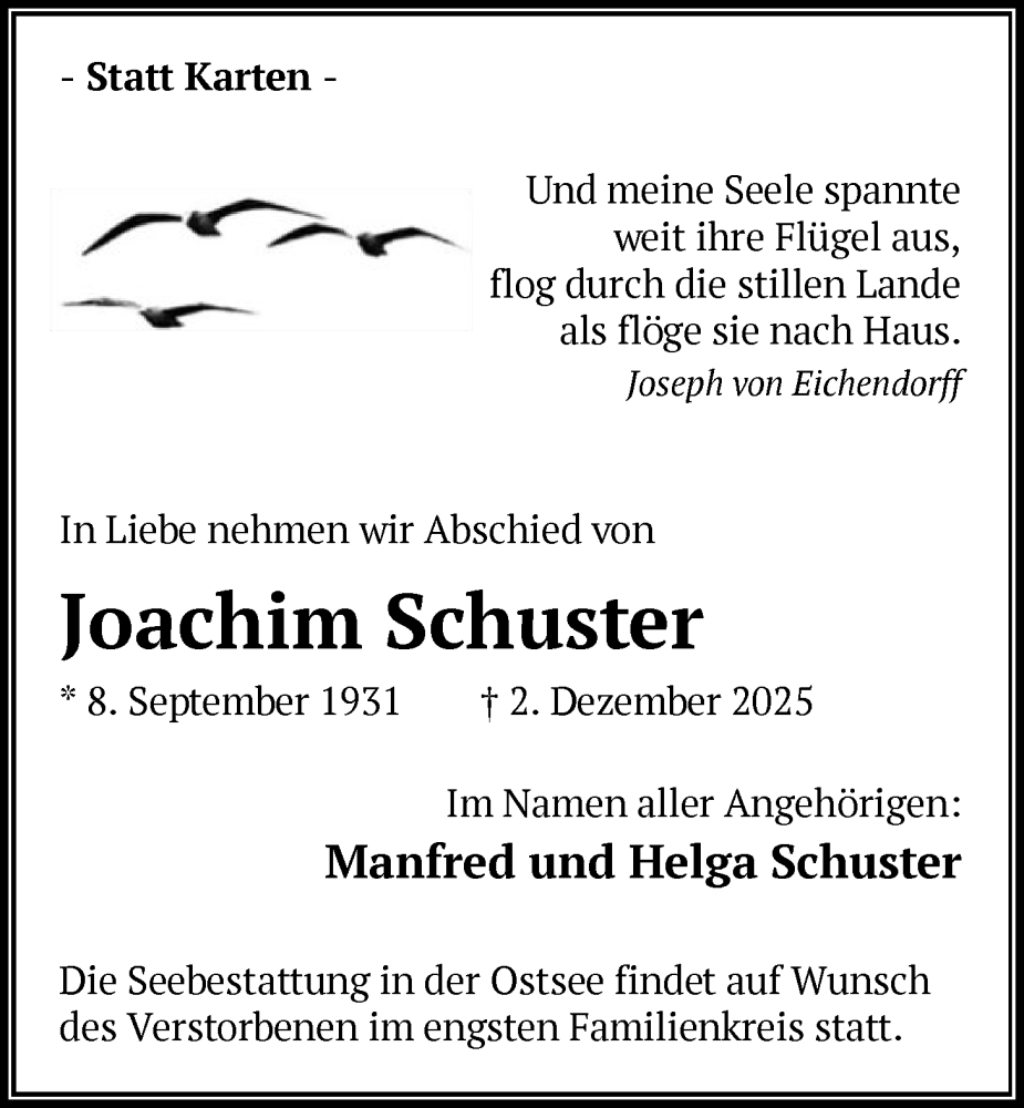  Traueranzeige für Joachim Schuster vom 13.12.2025 aus HASK
