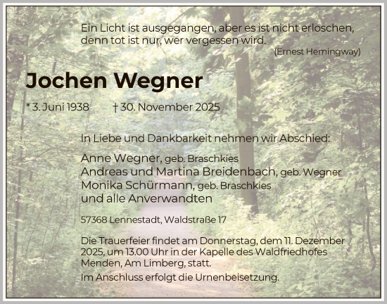 Traueranzeige von Jochen Wegner von HASK