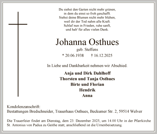 Traueranzeige von Johanna Osthues von HASOHAWA