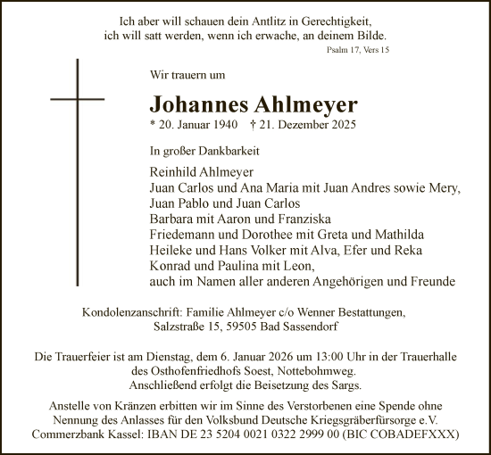 Traueranzeige von Johannes Ahlmeyer von HASO