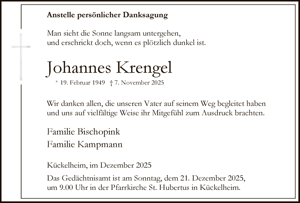  Traueranzeige für Johannes Krengel vom 13.12.2025 aus HASK