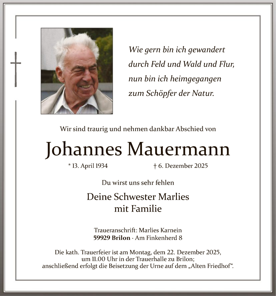  Traueranzeige für Johannes Mauermann vom 13.12.2025 aus HASK