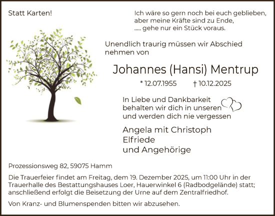 Traueranzeige von Johannes Mentrup von HAWA