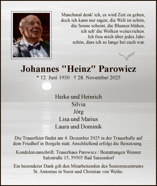 Traueranzeige von Johannes Parowicz von HASO