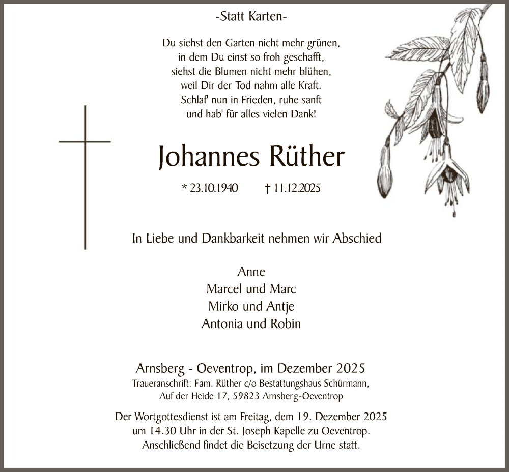  Traueranzeige für Johannes Rüther vom 13.12.2025 aus HASK