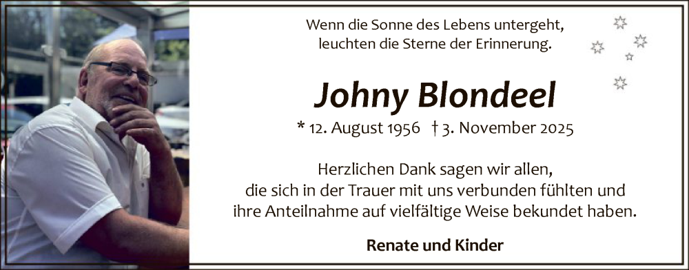  Traueranzeige für Johny Blondeel vom 06.12.2025 aus HALN