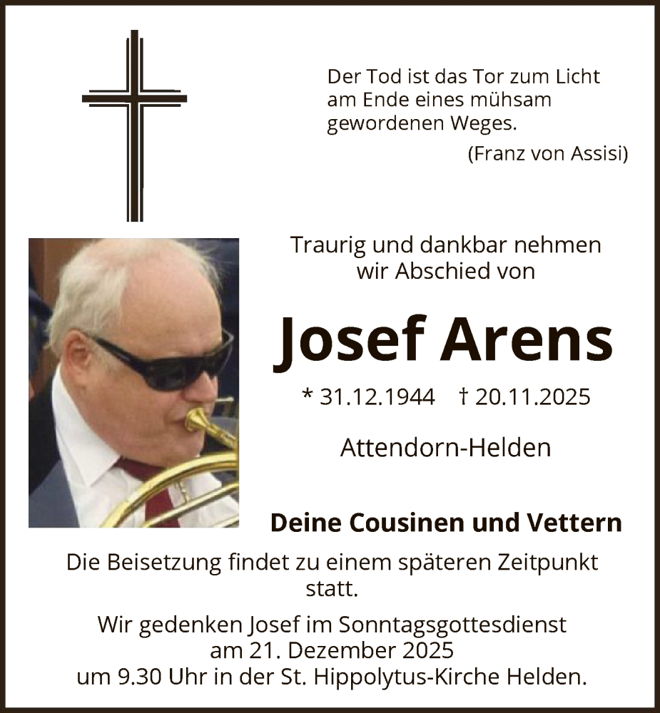  Traueranzeige für Josef Arens vom 06.12.2025 aus HASK